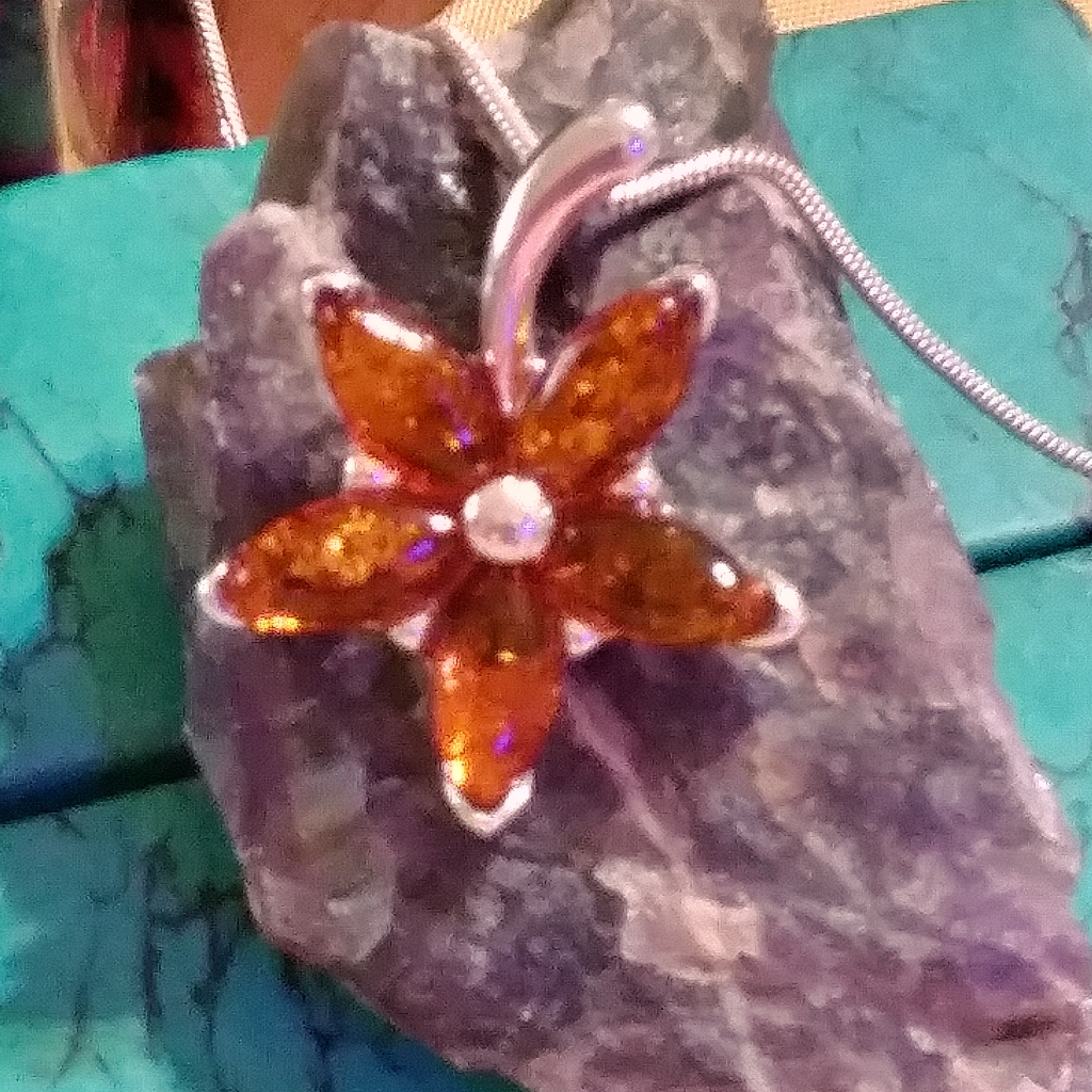 Nwt-Amber Flower 1" On 18" Sterling Chain.